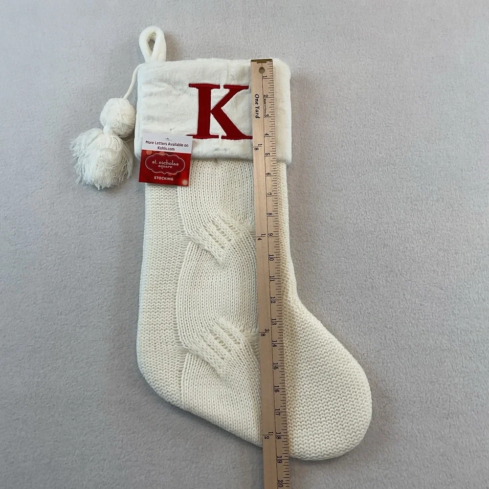 St Nicholas Square Christmas Stocking Cable Knit White K Initial Monogram Kohls